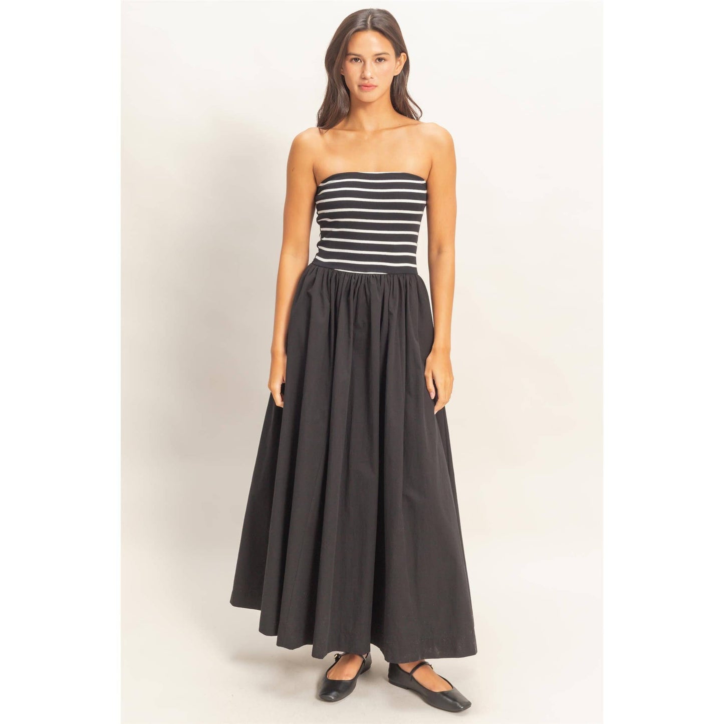 Striped Strapless Flowy Midi Dress