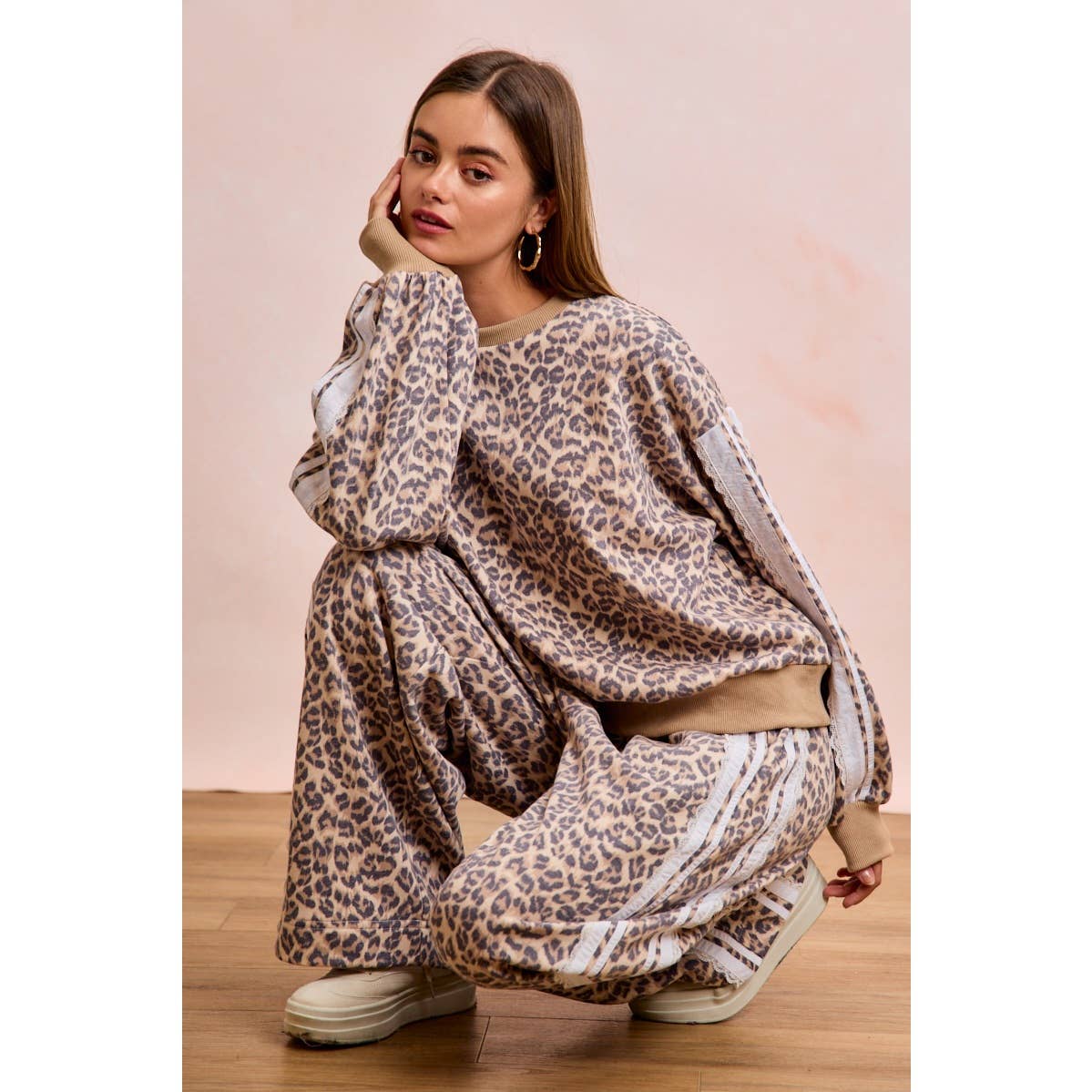 LEOPARD FRENCH TERRY LACE CONTRAST SWEATPANTS
