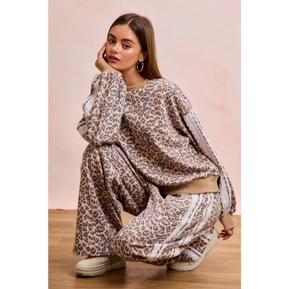 LEOPARD FRENCH TERRY LACE CONTRAST SWEATPANTS