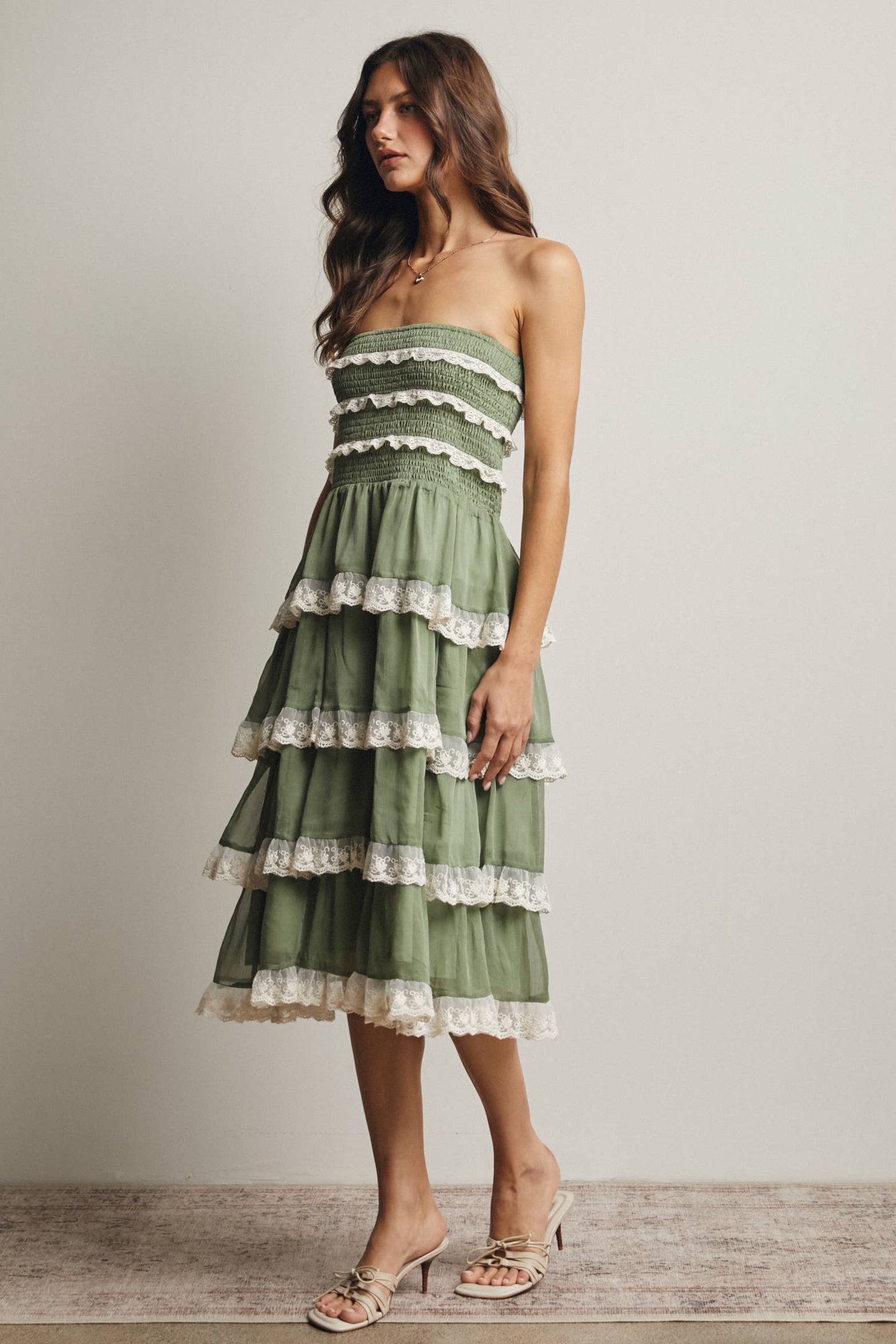 Smocked Lace Trim Two-Way Midi Dress Skirt