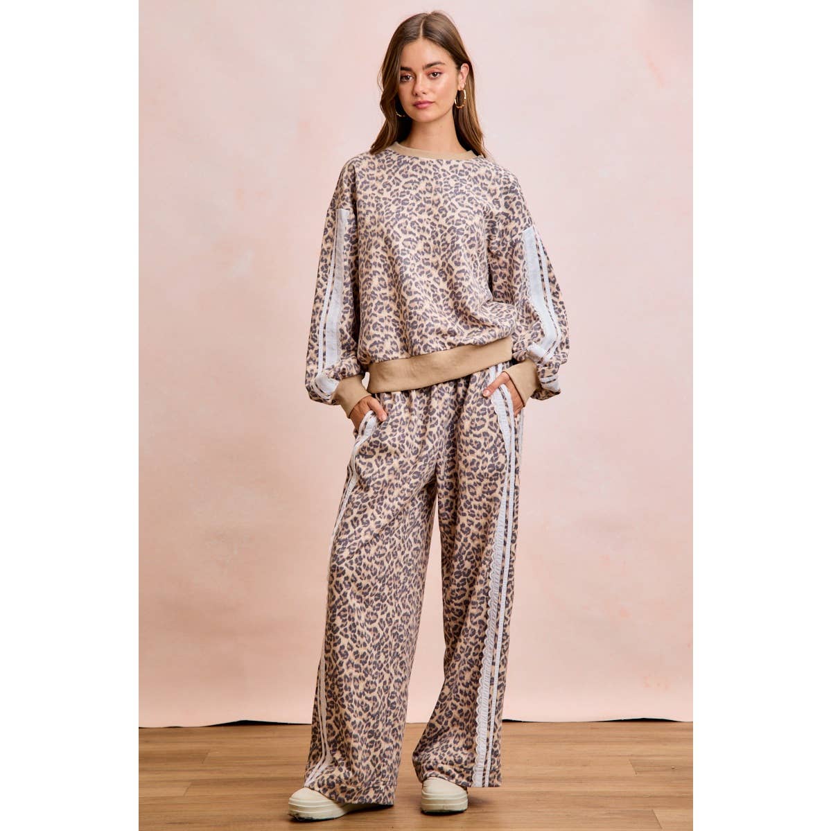 LEOPARD FRENCH TERRY LACE CONTRAST SWEATPANTS