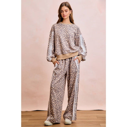 LEOPARD FRENCH TERRY LACE CONTRAST SWEATPANTS