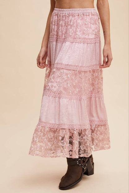 Floral Embroidered Tiered Maxi Skirt