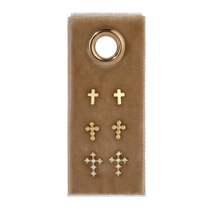 Multi Cross Velvet Set/3 Stud Gift Set: Gold