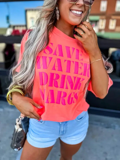 Save Water Drink Margs NRO pink Puff Letter Graphic Tee