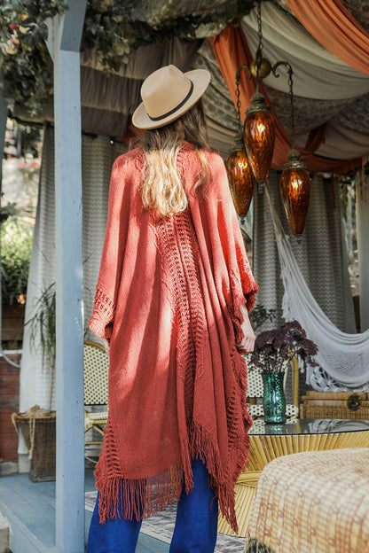 Open Work Frayed Border Bohemian Ruana: Brown