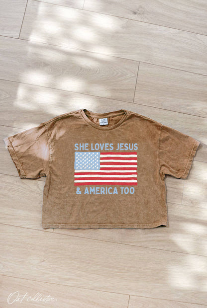 SHE LOVES JESUS AND AMERICA TOO Cropped Mineral Graphic Top