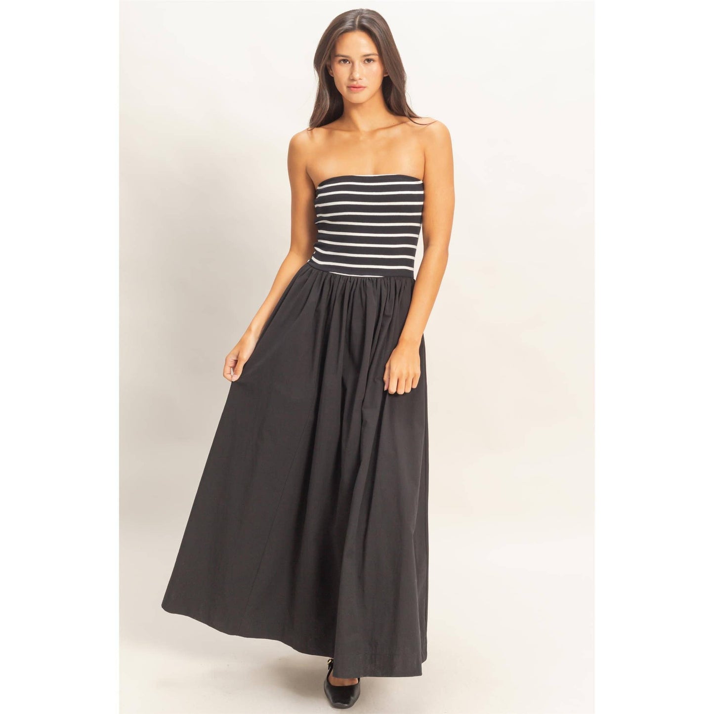 Striped Strapless Flowy Midi Dress