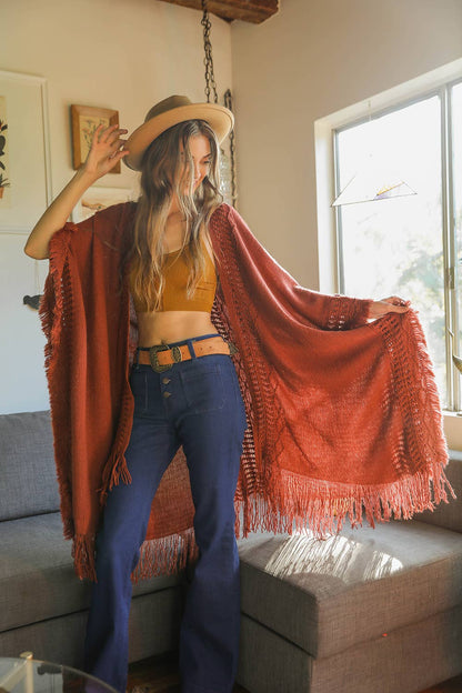 Open Work Frayed Border Bohemian Ruana: Brown