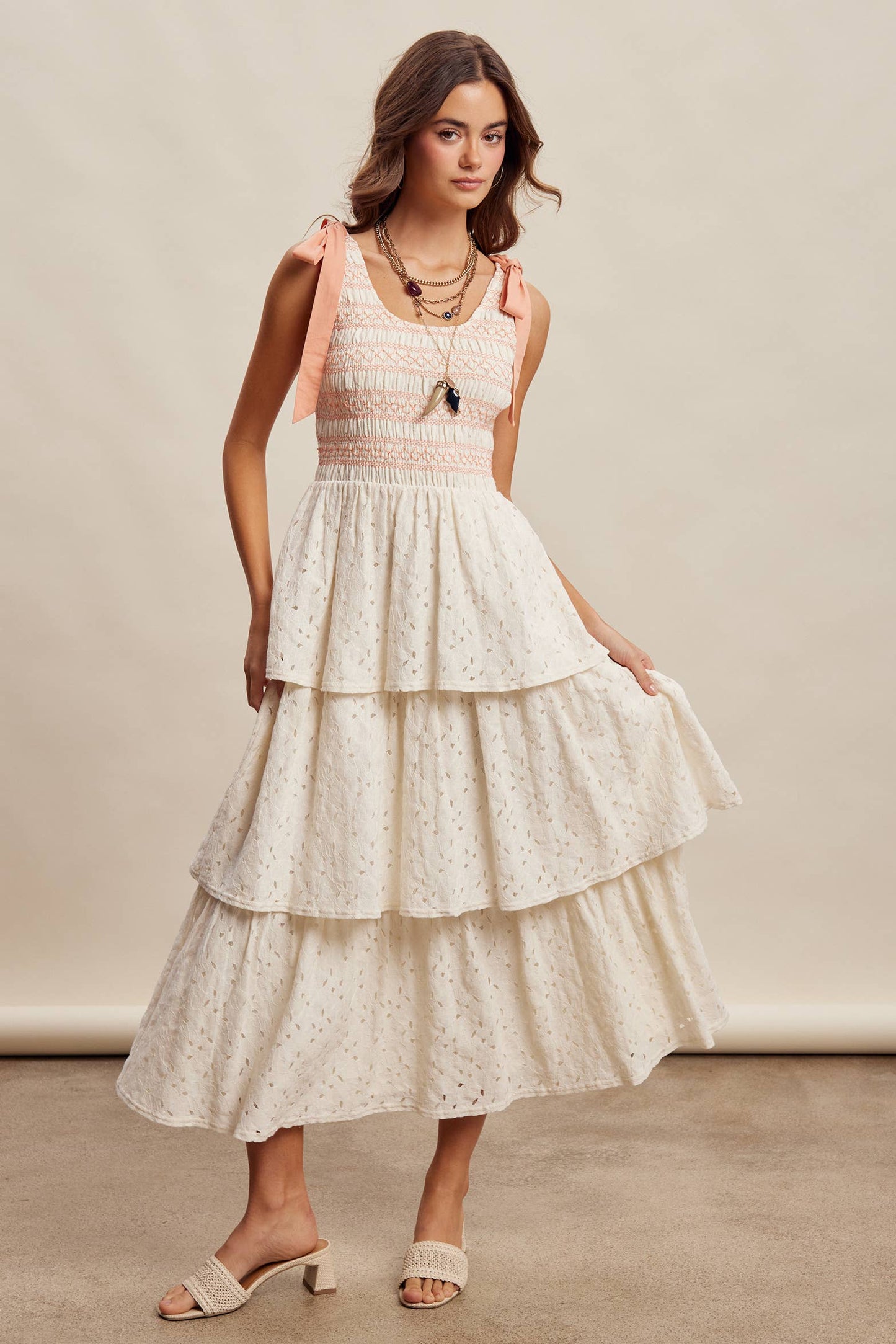 Smocked Tie Shoulder Lace Maxi Dress
