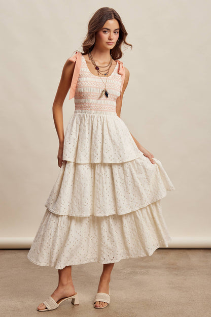 Smocked Tie Shoulder Lace Maxi Dress