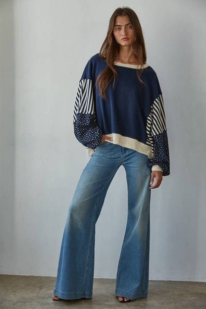 Knit Cotton Polyester Striped Floral Long Sleeve