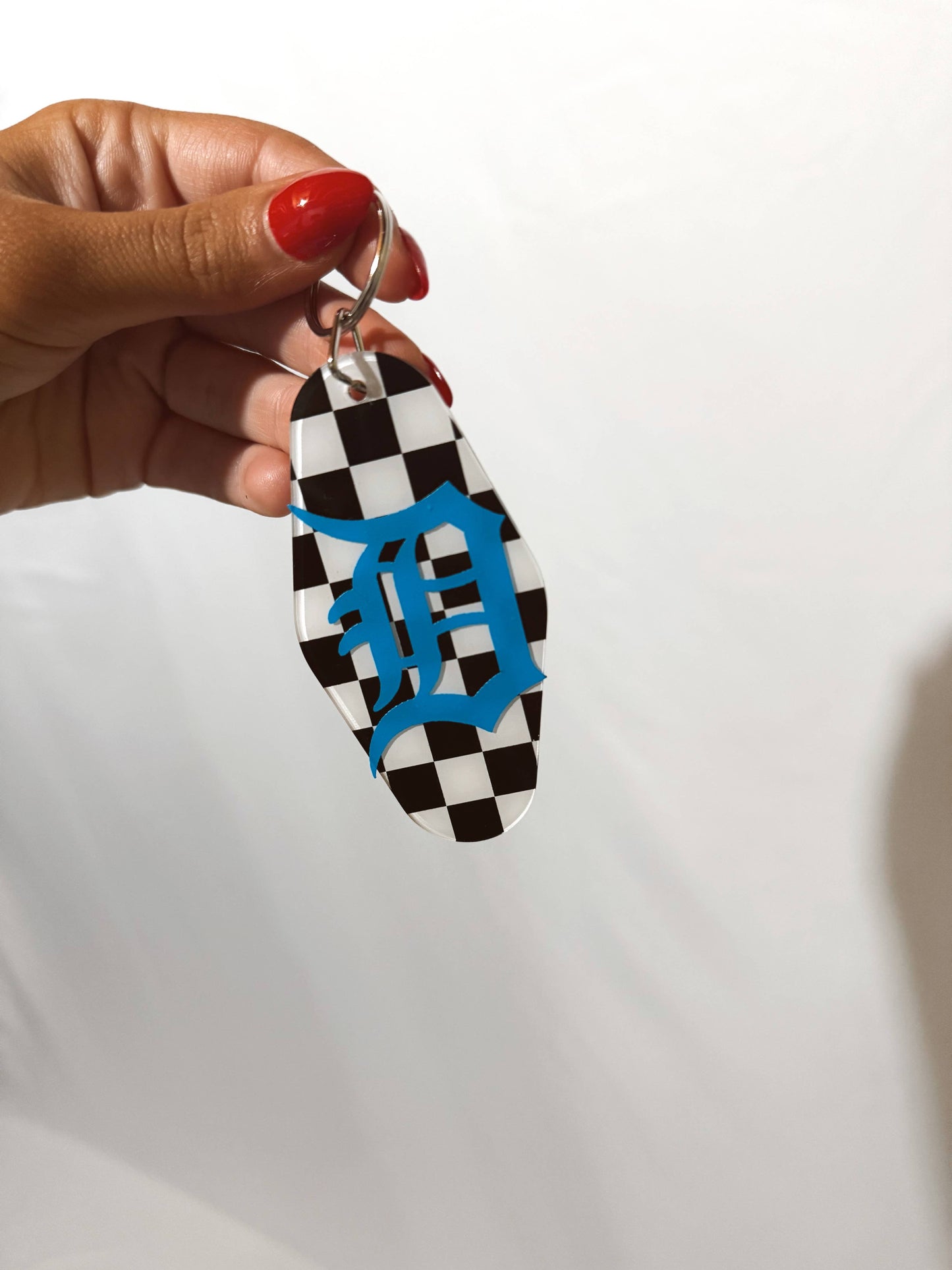 Checkered Detroit Old English D Keychain 