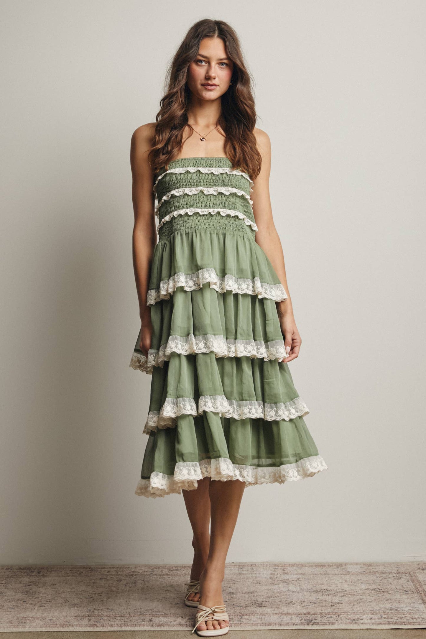 Smocked Lace Trim Two-Way Midi Dress Skirt