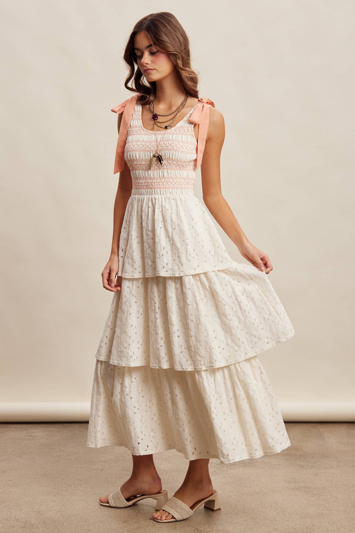 Smocked Tie Shoulder Lace Maxi Dress