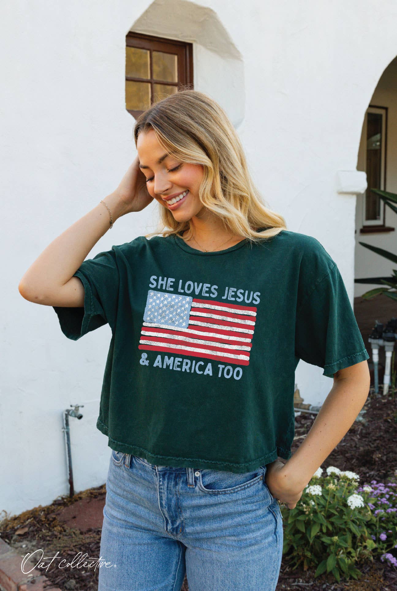 SHE LOVES JESUS AND AMERICA TOO Cropped Mineral Graphic Top