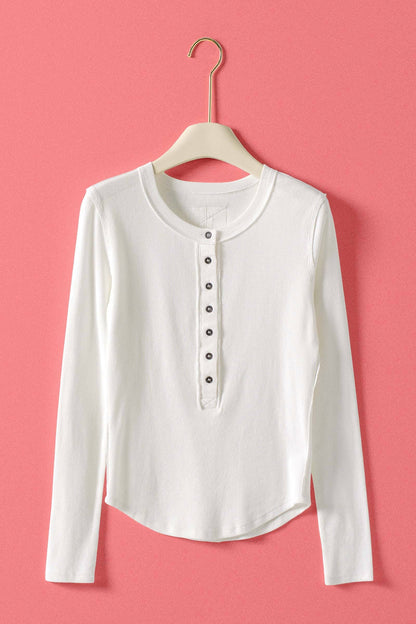 Long Sleeve Henley Top In Soft Ribbed Knit