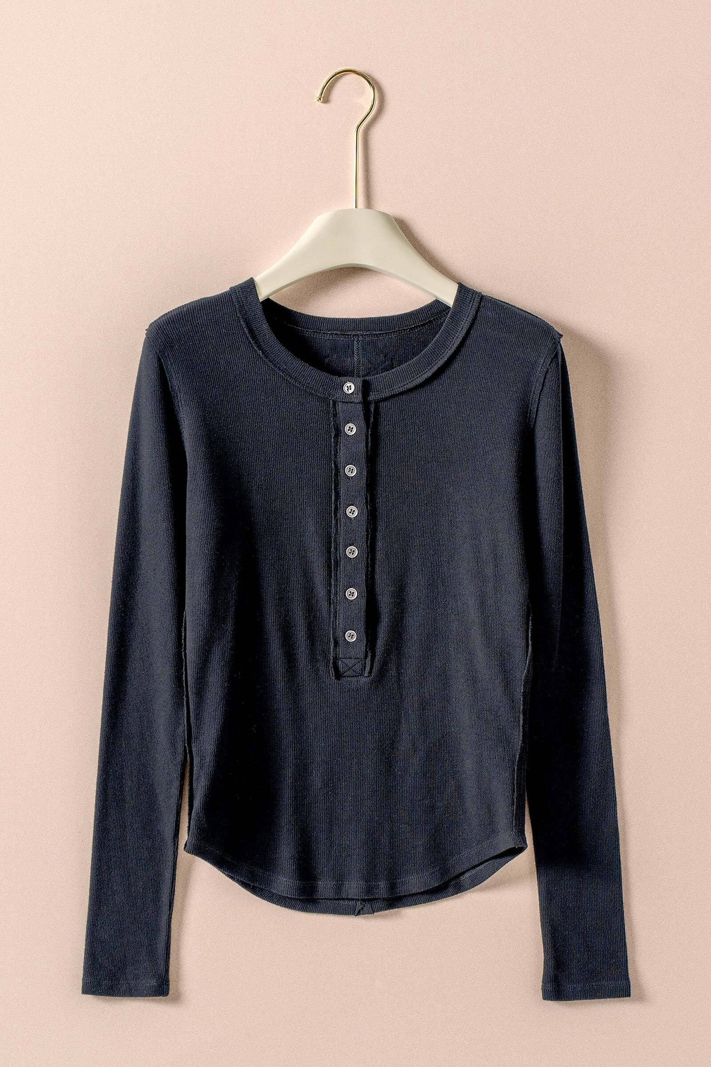 Long Sleeve Henley Top In Soft Ribbed Knit