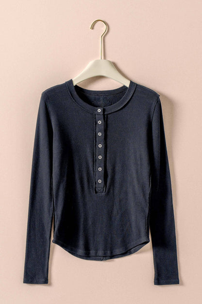Long Sleeve Henley Top In Soft Ribbed Knit