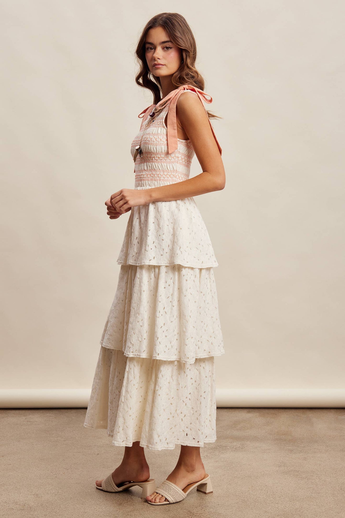 Smocked Tie Shoulder Lace Maxi Dress