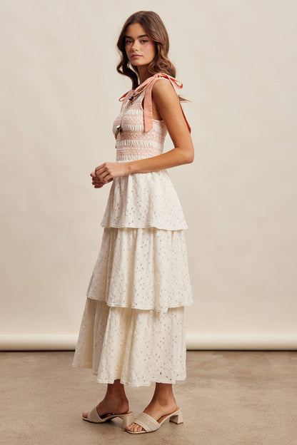 Smocked Tie Shoulder Lace Maxi Dress
