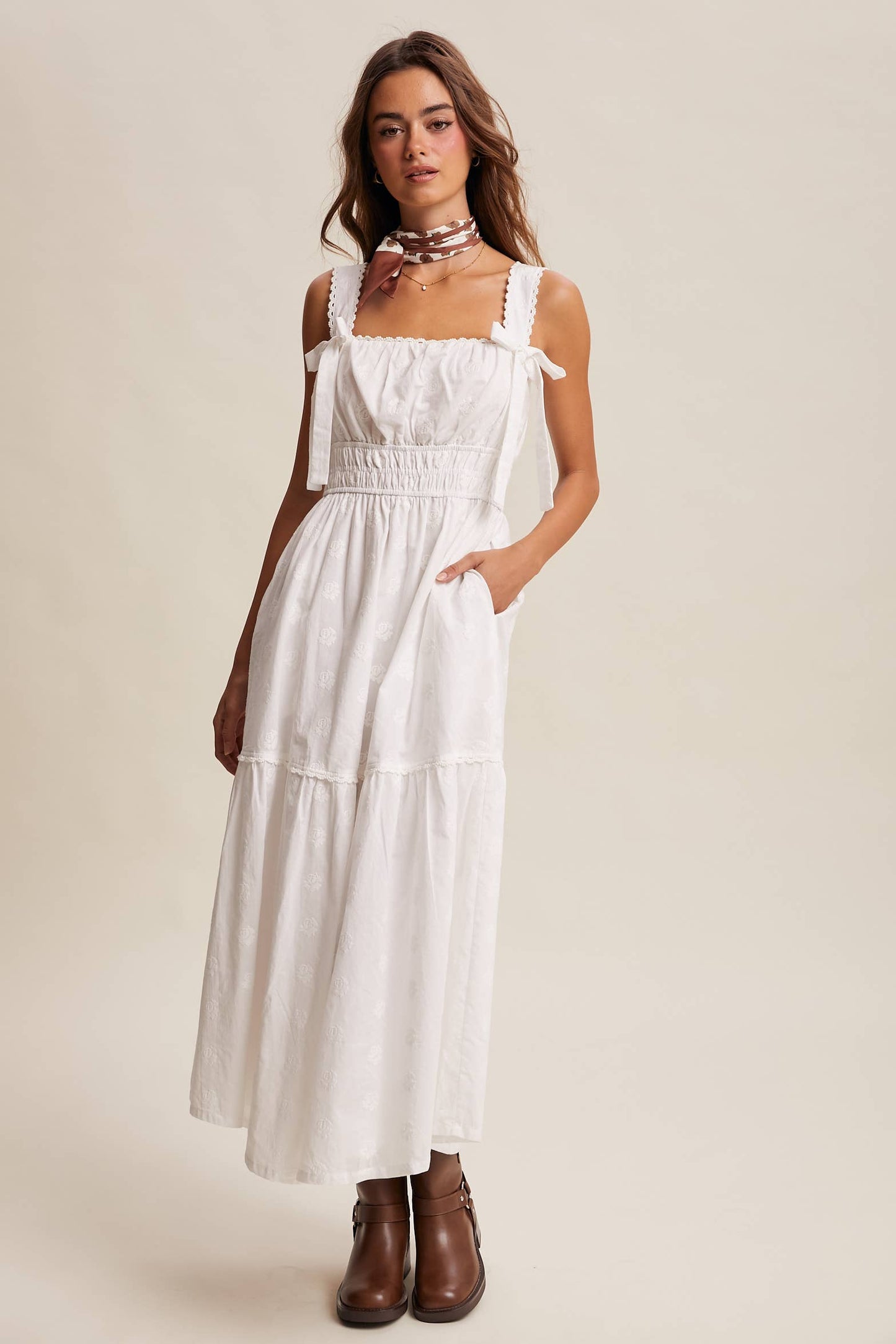 Embroidered Tie-Strap Tiered Maxi Dress