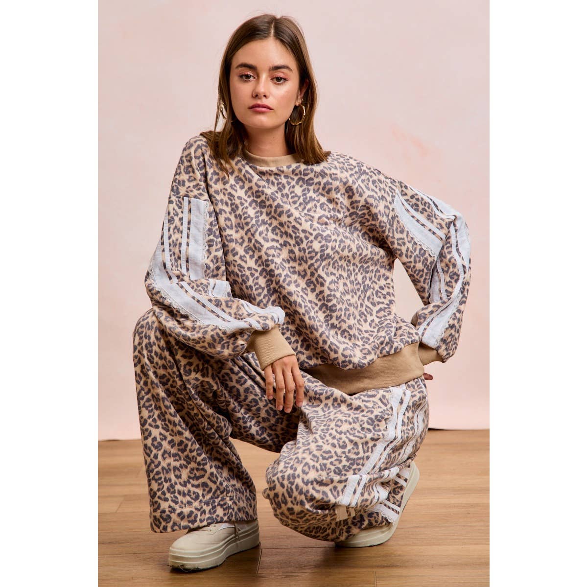 LEOPARD FRENCH TERRY LACE CONTRAST SWEATPANTS