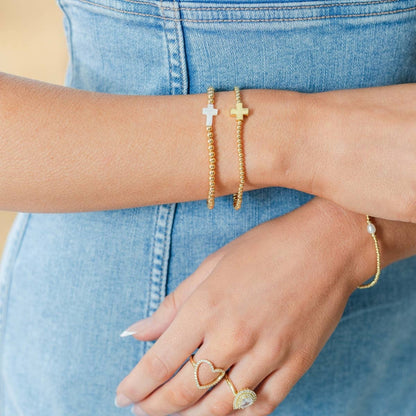 3mm Beaded Stretch Bracelet with Single Balanced Gold Cross