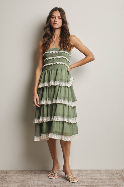 Smocked Lace Trim Two-Way Midi Dress Skirt