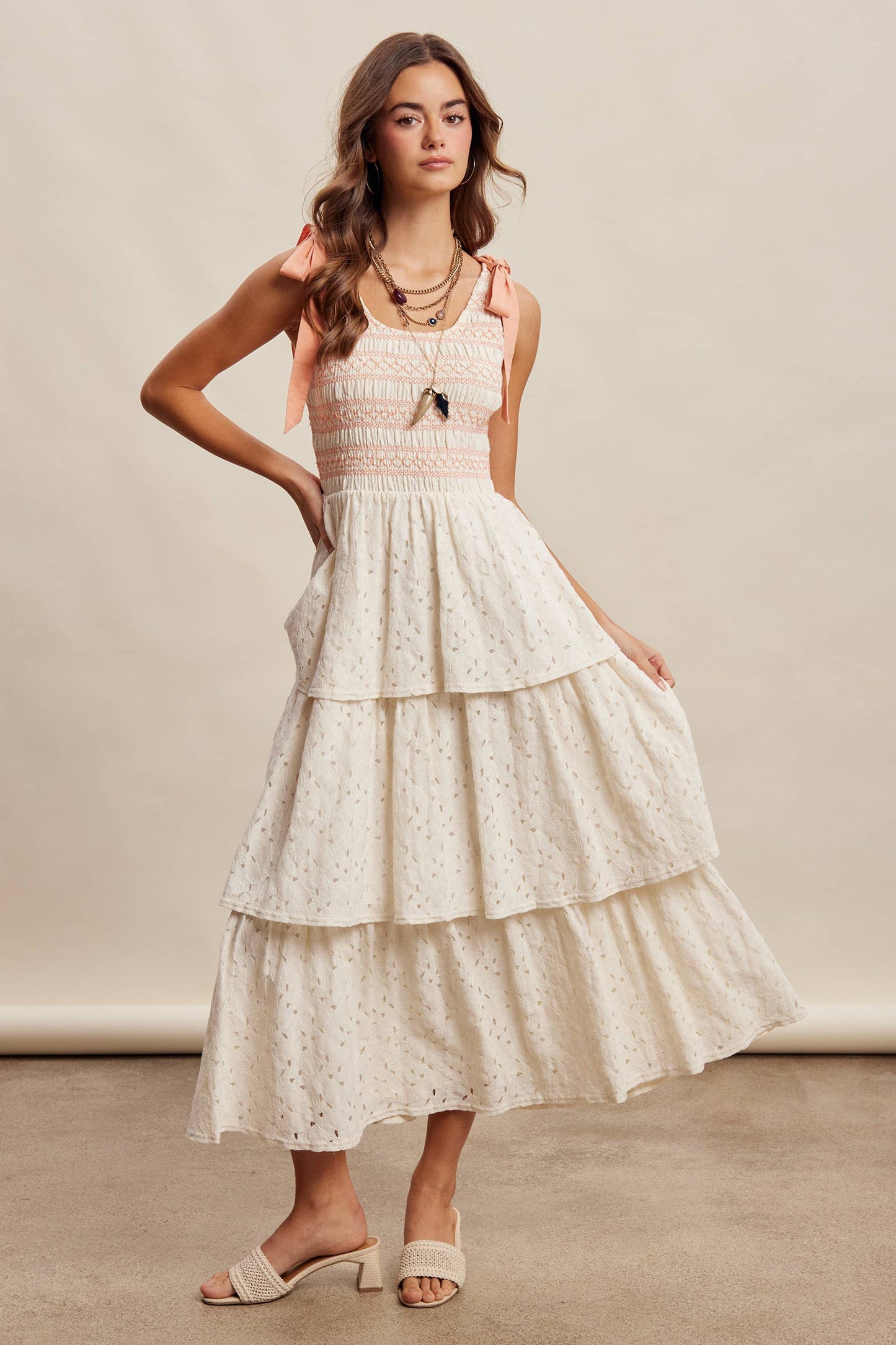 Smocked Tie Shoulder Lace Maxi Dress