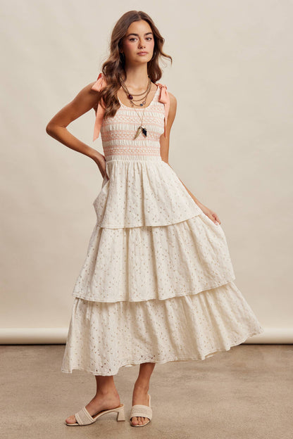 Smocked Tie Shoulder Lace Maxi Dress