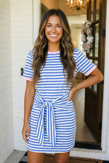 Striped Tie Pocket Mini Dress