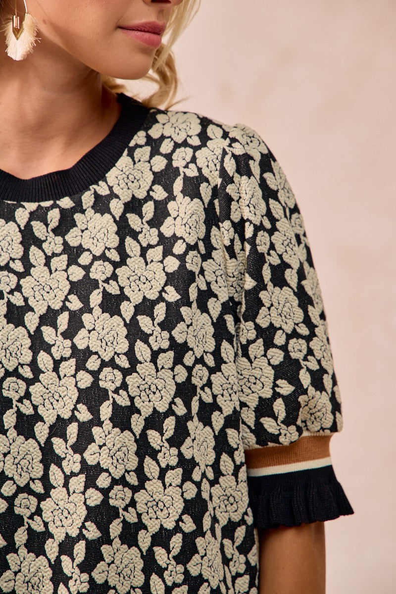 Textured Rose Knit Top Contrast Banded Puff Sleeve