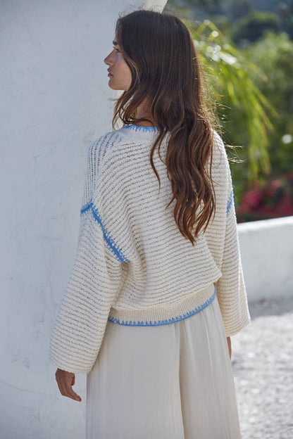 Knit Sweater Long Sleeve Top: Cream Blue