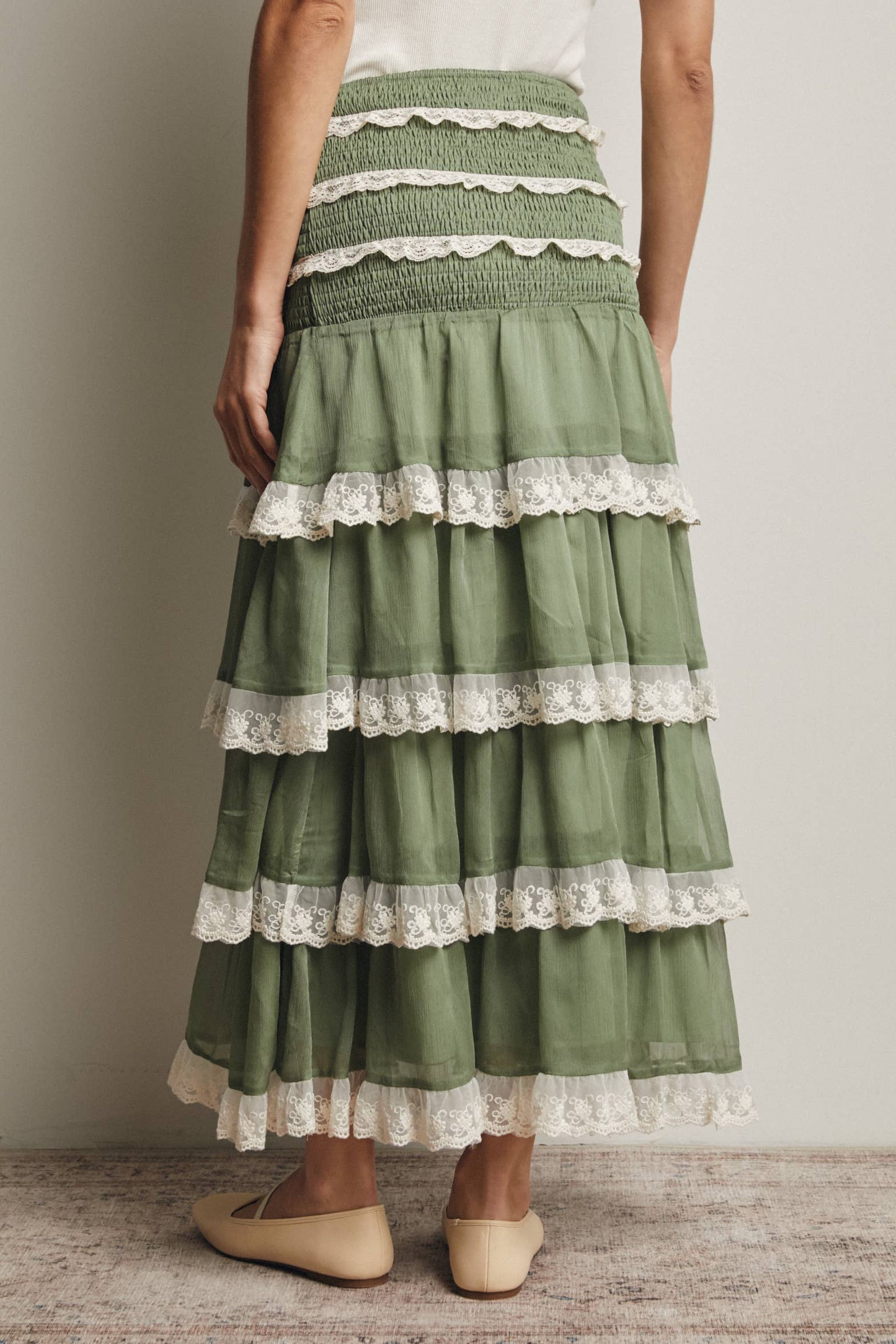 Smocked Lace Trim Two-Way Midi Dress Skirt