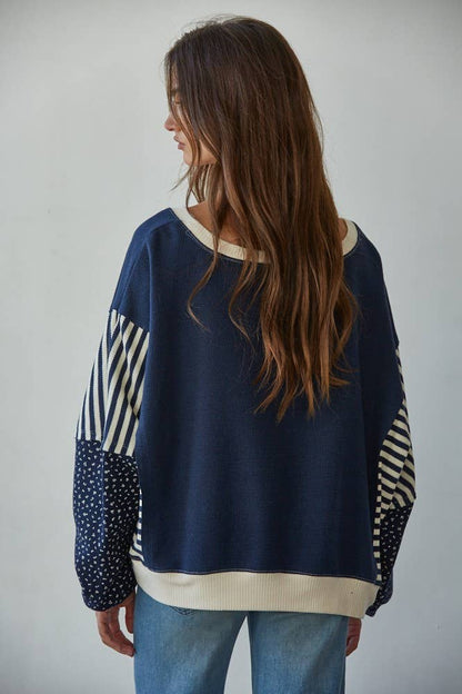 Knit Cotton Polyester Striped Floral Long Sleeve