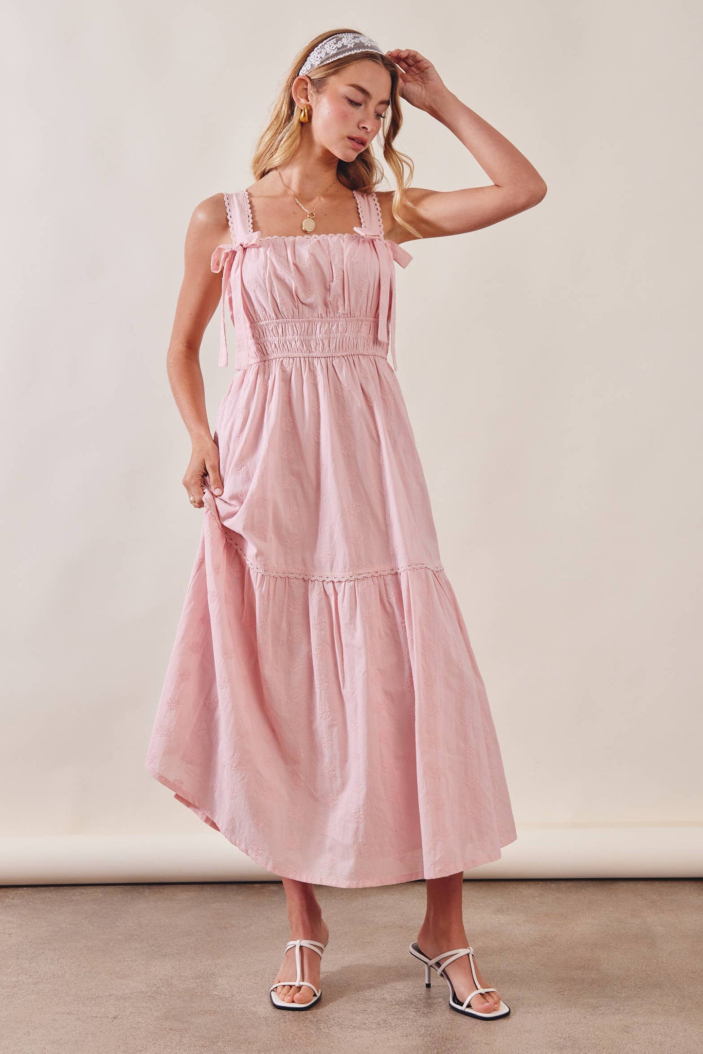 Embroidered Tie-Strap Tiered Maxi Dress