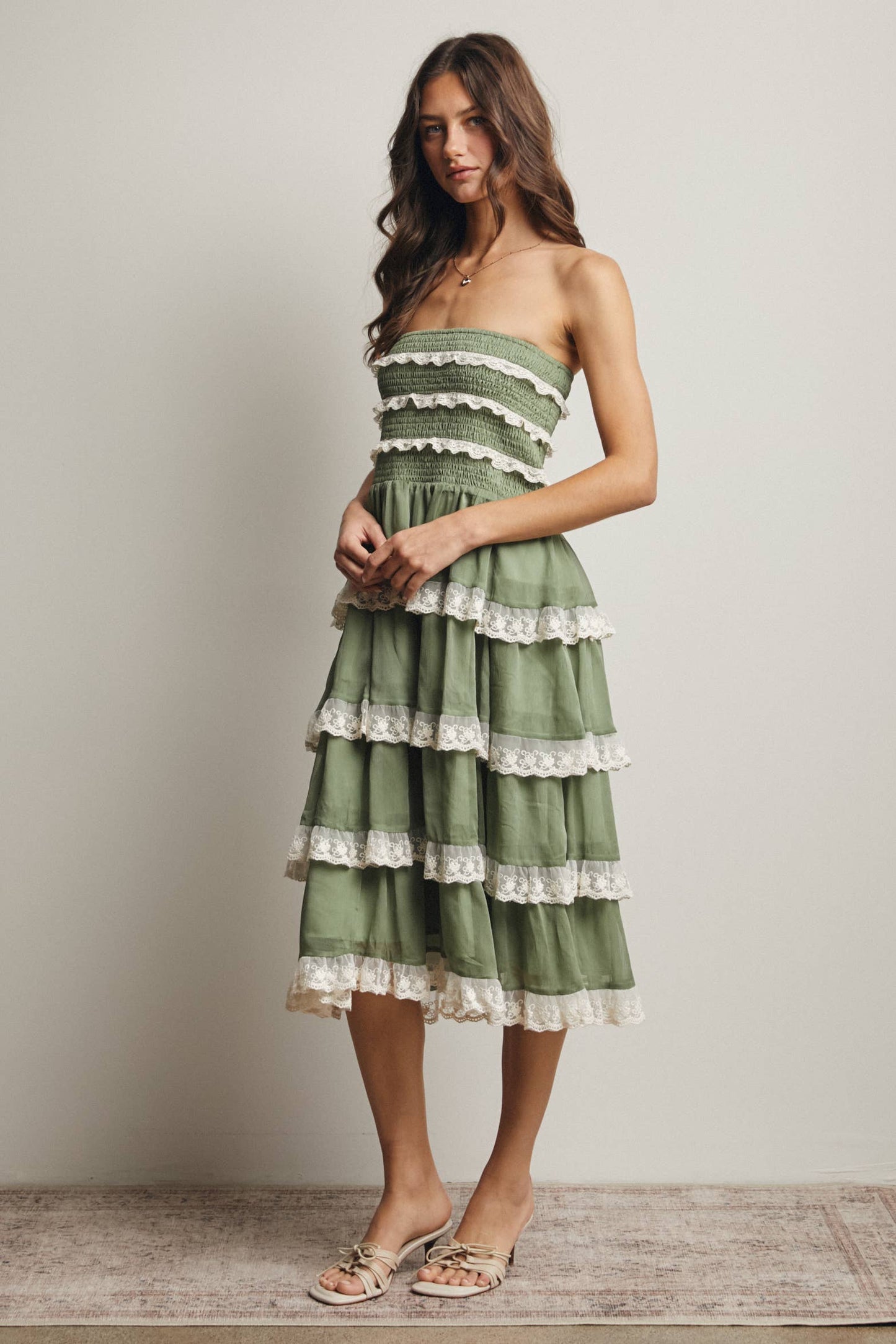 Smocked Lace Trim Two-Way Midi Dress Skirt