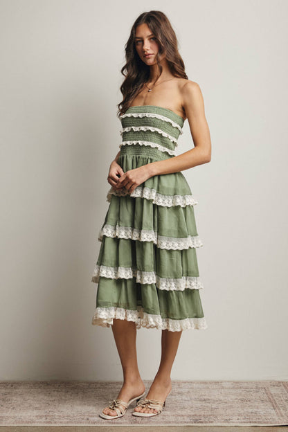 Smocked Lace Trim Two-Way Midi Dress Skirt