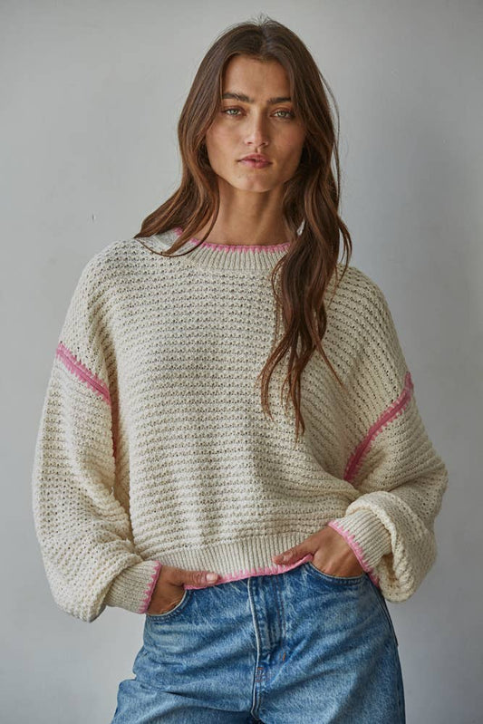 Knit Sweater Long Sleeve Top: Cream Pink