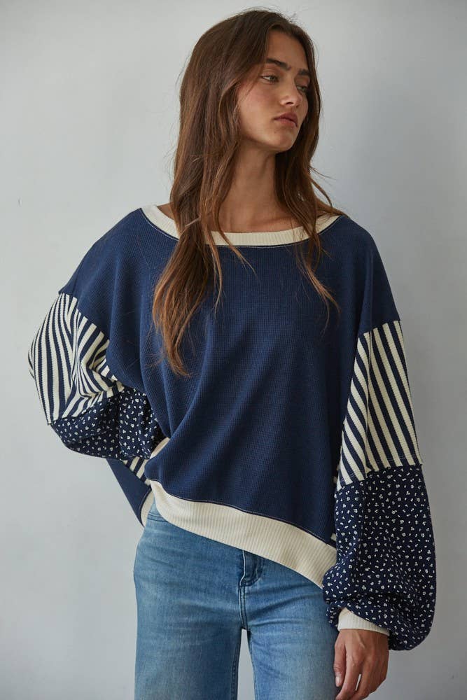 Knit Cotton Polyester Striped Floral Long Sleeve