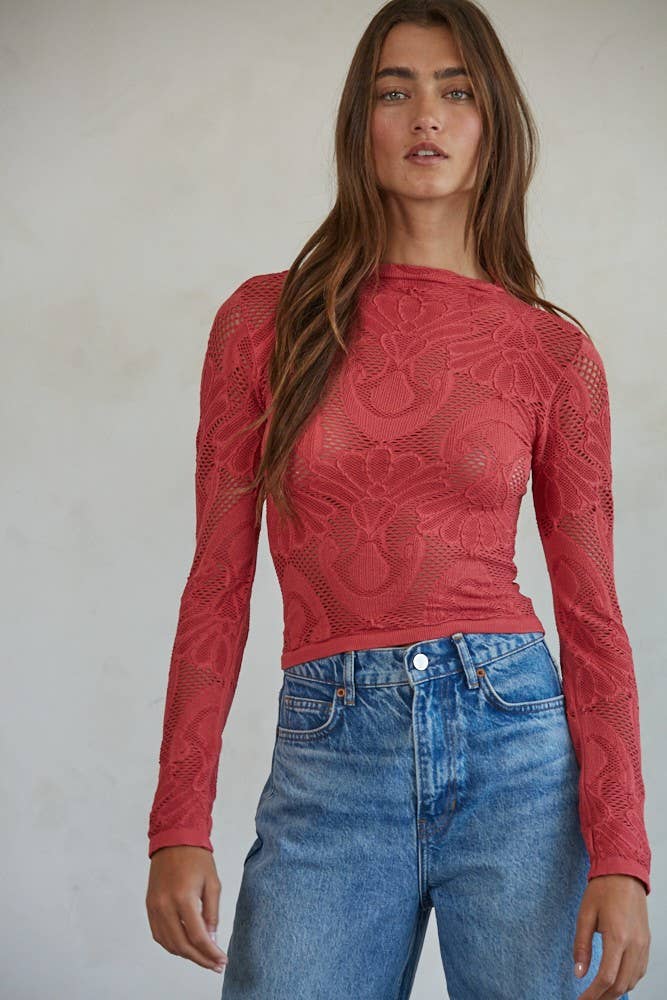 Knit Seamless Jacquard Mock Neck Long Sleeve