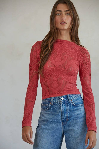 Knit Seamless Jacquard Mock Neck Long Sleeve