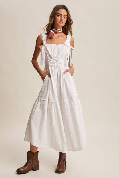 Embroidered Tie-Strap Tiered Maxi Dress