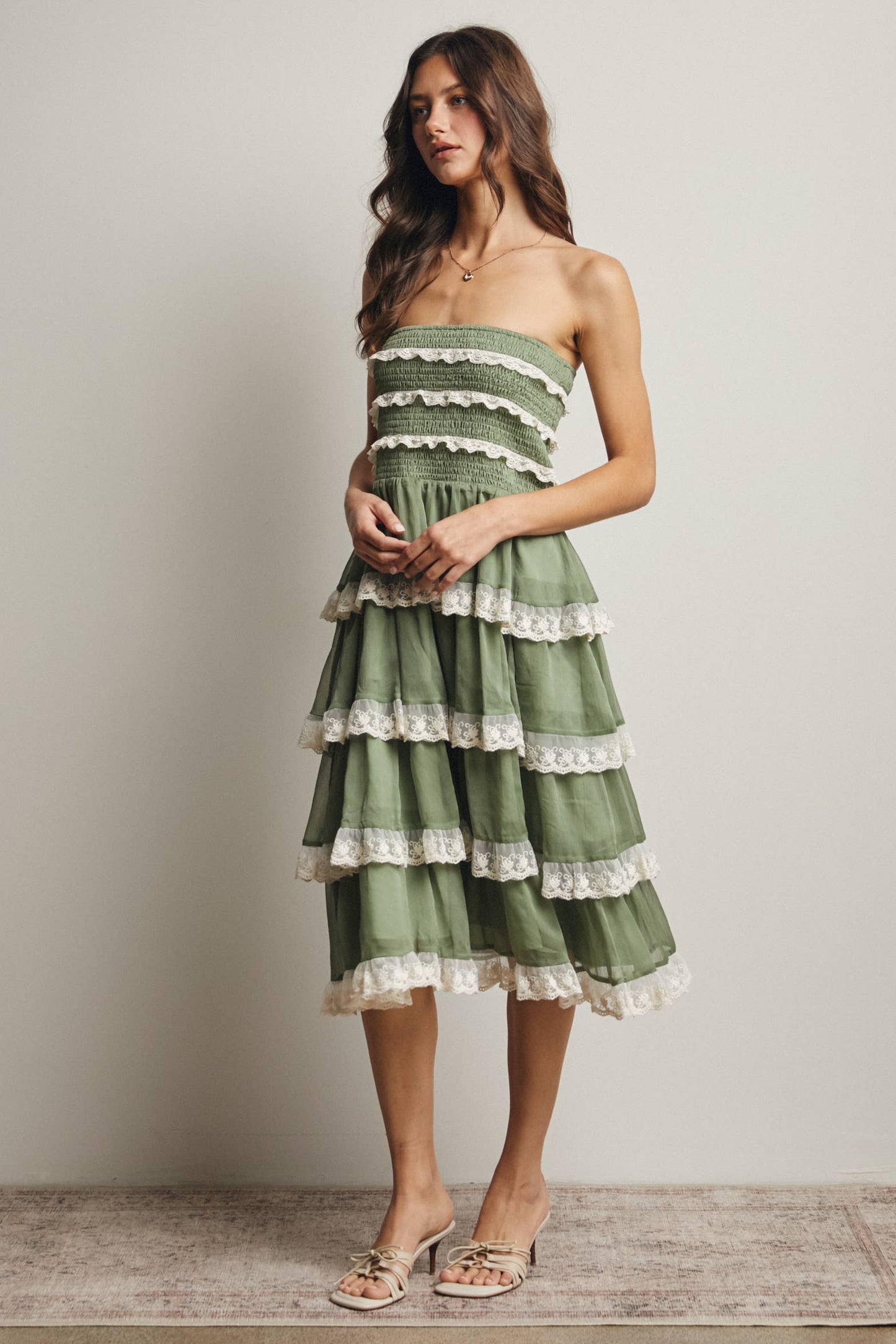 Smocked Lace Trim Two-Way Midi Dress Skirt