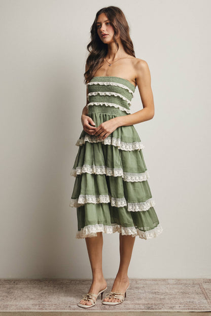 Smocked Lace Trim Two-Way Midi Dress Skirt