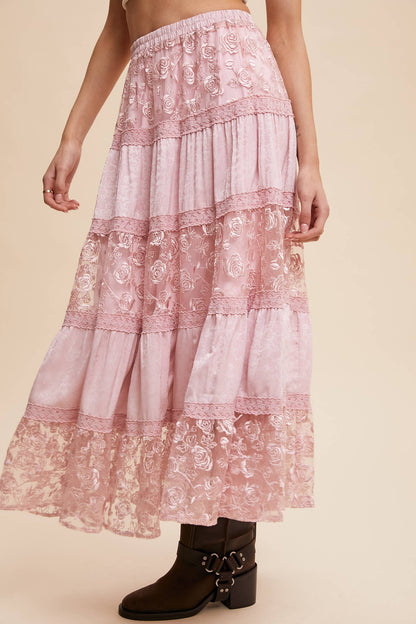 Floral Embroidered Tiered Maxi Skirt