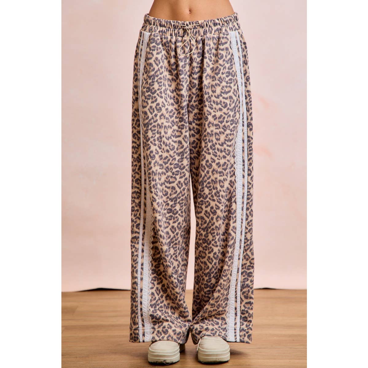 LEOPARD FRENCH TERRY LACE CONTRAST SWEATPANTS