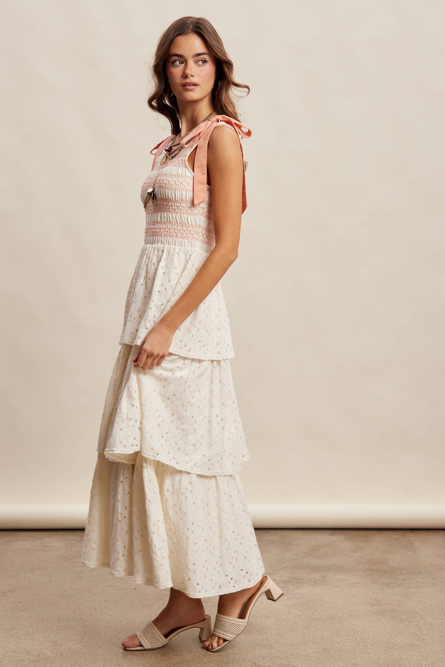 Smocked Tie Shoulder Lace Maxi Dress