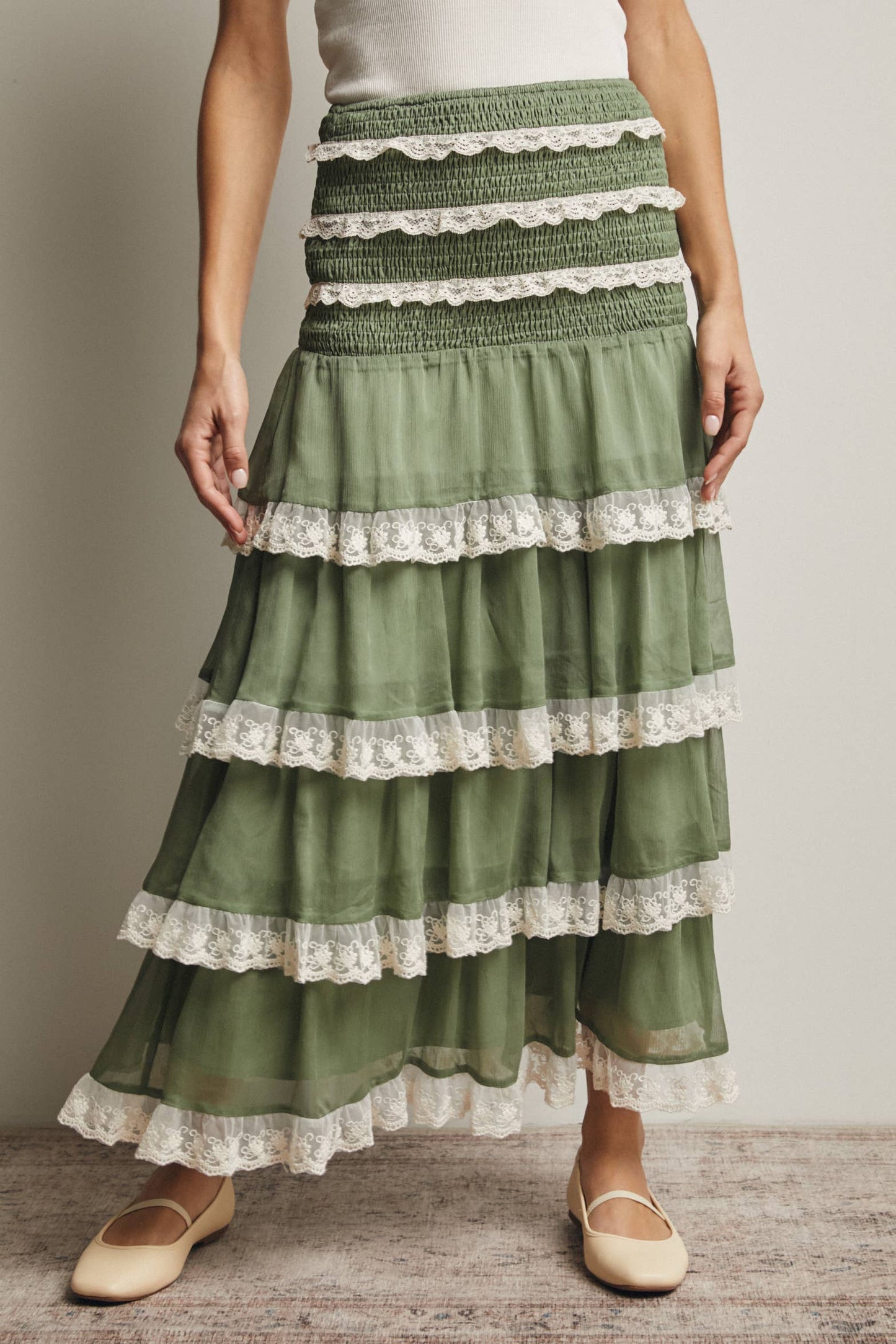 Smocked Lace Trim Two-Way Midi Dress Skirt